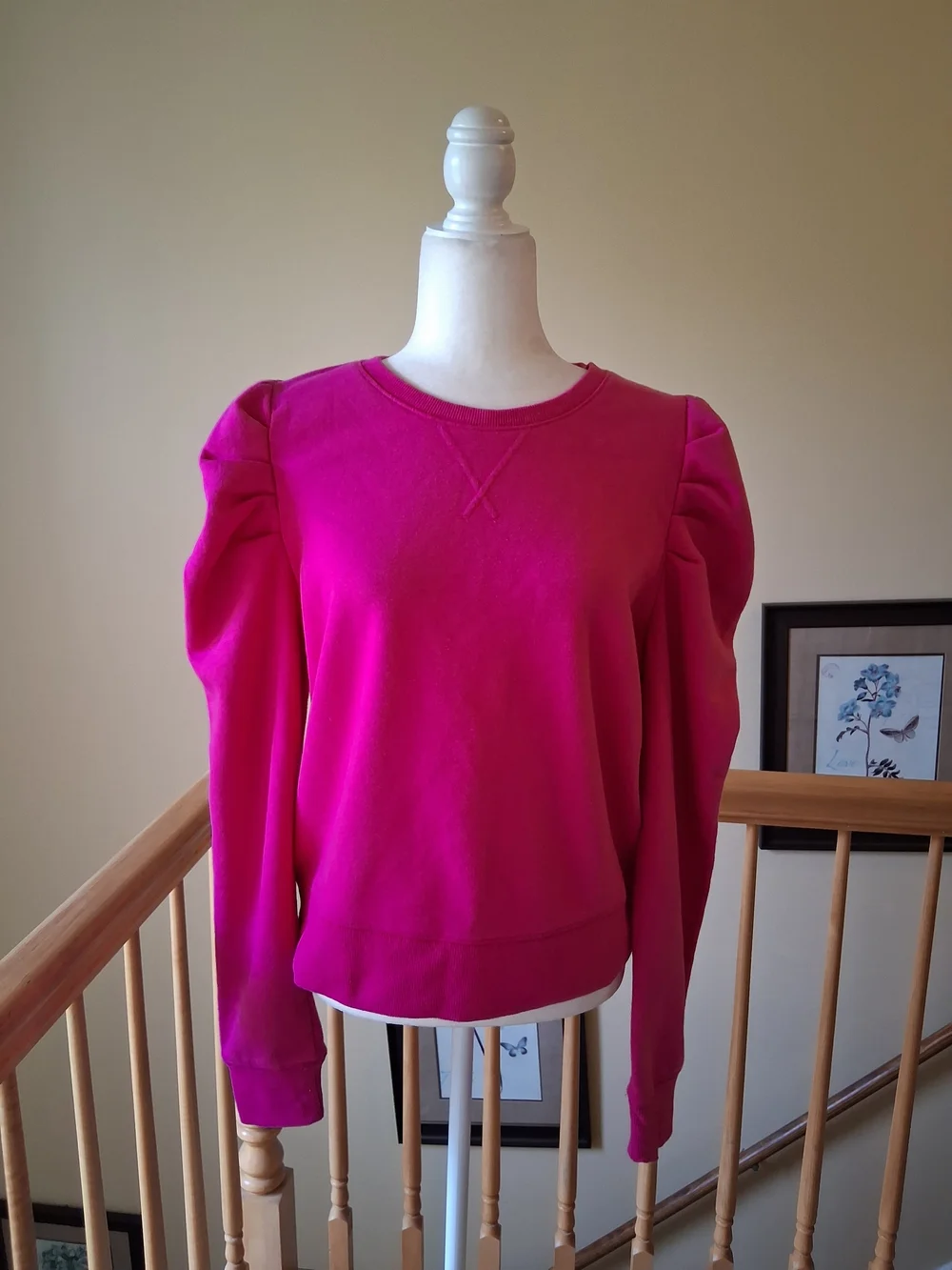 Rebecca Minkoff Janine Hot Pink Puff-Sleeve Crewneck Cottkn Blend Sweater